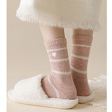 Women's 3 Pairs Knit Socks with Striped Pattern Heart Embroidery Ribbed Cuffs Soft Warm Fabric