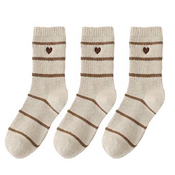 Women's 3 Pairs Knit Socks with Striped Pattern Heart Embroidery Ribbed Cuffs Soft Warm Fabric
