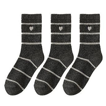 Women's 3 Pairs Knit Socks with Striped Pattern Heart Embroidery Ribbed Cuffs Soft Warm Fabric