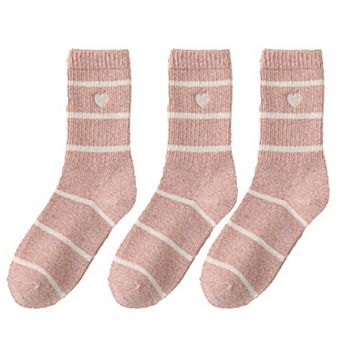 Women's 3 Pairs Knit Socks with Striped Pattern Heart Embroidery Ribbed Cuffs Soft Warm Fabric