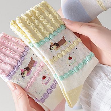 Women's 2-Pair Ruffle Cuff Crew Socks with Soft Fabric Playful Character Pattern and Stretch Fit