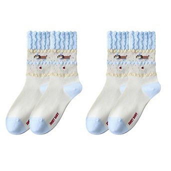 Women's 2-Pair Ruffle Cuff Crew Socks with Soft Fabric Playful Character Pattern and Stretch Fit