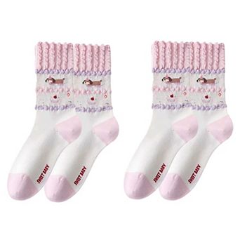 Women's 2-Pair Ruffle Cuff Crew Socks with Soft Fabric Playful Character Pattern and Stretch Fit
