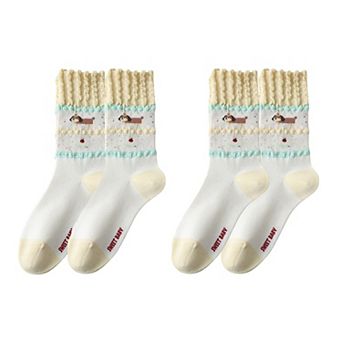 Women's 2-Pair Ruffle Cuff Crew Socks with Soft Fabric Playful Character Pattern and Stretch Fit