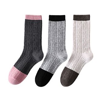Women's 3 Pair Cable Knit Crew Socks with Contrast Color Block Design and Soft Stretch Comfort