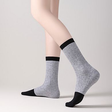 Women's 3 Pair Cable Knit Crew Socks with Contrast Color Block Design and Soft Stretch Comfort