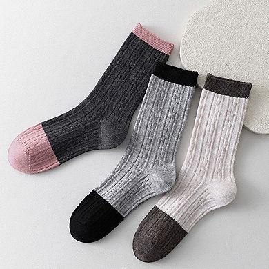 Women's 3 Pair Cable Knit Crew Socks with Contrast Color Block Design and Soft Stretch Comfort