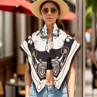 Women's Nautical Print Square Scarf with Soft Silky Fabric Accessory for Neck Hair and Bag Styling