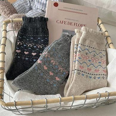 Women's 3-Pair Pack Crew Socks with Heart and Bow Pattern Knit Design Perfect