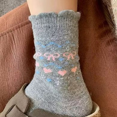 Women's 3-Pair Pack Crew Socks with Heart and Bow Pattern Knit Design Perfect