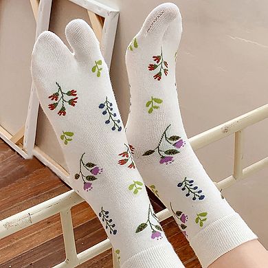 Women's 3 Pairs Floral Patterned Split-Toe Socks Soft Cotton Stretch Knit Crew Style