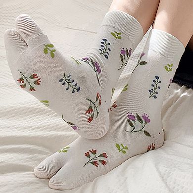 Women's 3 Pairs Floral Patterned Split-Toe Socks Soft Cotton Stretch Knit Crew Style