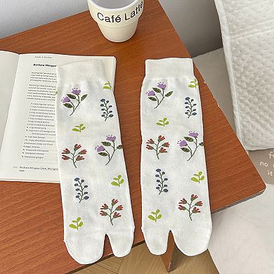 Women's 3 Pairs Floral Patterned Split-Toe Socks Soft Cotton Stretch Knit Crew Style