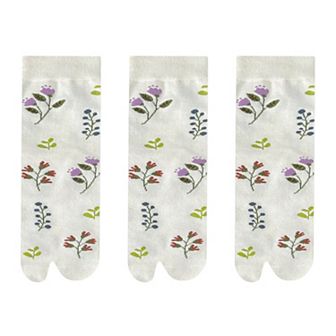 Women's 3 Pairs Floral Patterned Split-Toe Socks Soft Cotton Stretch Knit Crew Style
