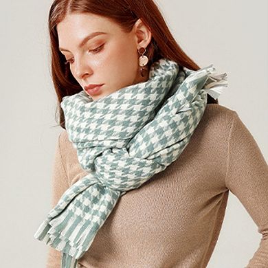 Women's Houndstooth Woven Scarf with Soft Cozy Fabric Classic Black and White Check and Fringe Trim