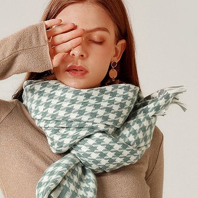 Women's Houndstooth Woven Scarf with Soft Cozy Fabric Classic Black and White Check and Fringe Trim