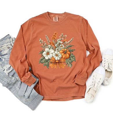 Coquette Orange Bow Fall Floral - Women's Garment Dyed Long Sleeve Graphic T-Shirt