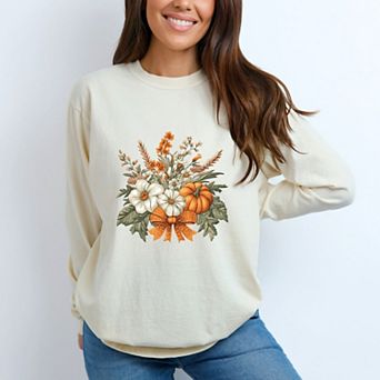 Coquette Orange Bow Fall Floral - Women's Garment Dyed Long Sleeve Graphic T-Shirt