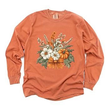 Coquette Orange Bow Fall Floral - Women's Garment Dyed Long Sleeve Graphic T-Shirt