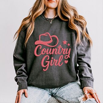 Country Girl Hat Puff Print - Womens Lightweight Garment Dyed Sweatshirt