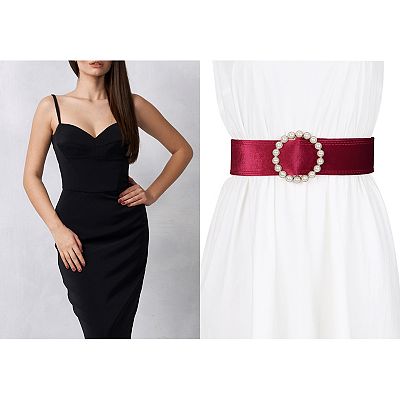 Women Faux Pearl Buckle Waist Belt, Vintage Velvet Wide  display picture 1