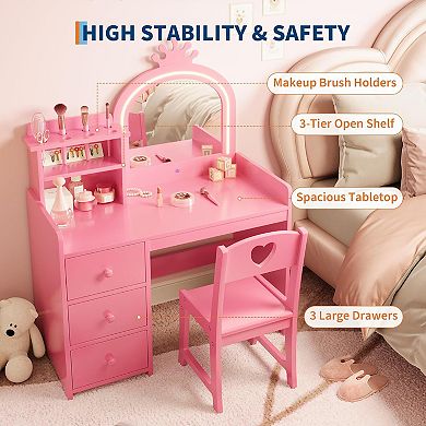 Kids Vanity Desk with Mirror and Lights, Princess Wooden Makeup Vanity