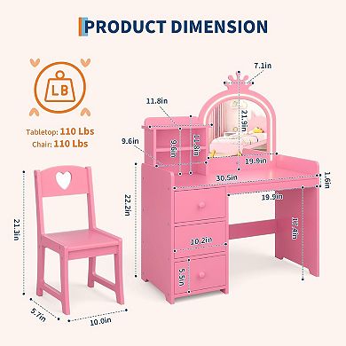 Kids Vanity Desk with Mirror and Lights, Princess Wooden Makeup Vanity