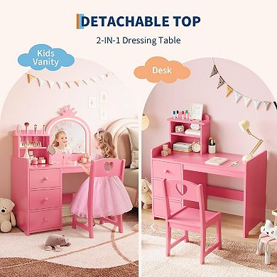 Kids Vanity Desk with Mirror and Lights, Princess Wooden Makeup Vanity