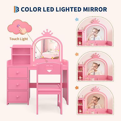 Kids Vanity Desk with Mirror and Lights, Princess Wooden Makeup Vanity