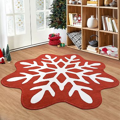 Garvee Snowflakes Christmas Area Rug Special Shaped Large Non Slip Carpet for Christmas Decor