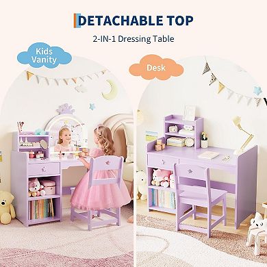 Kids Vanity with Lights, 2 in 1 Princess Makeup Vanity Desk