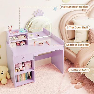 Kids Vanity with Lights, 2 in 1 Princess Makeup Vanity Desk
