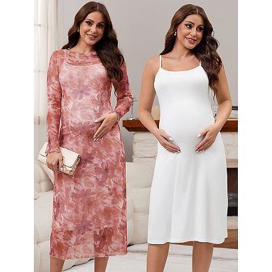 Women's Maternity 2-Piece Dress Mesh Ruched Side Bodycon Wedding Guest Party Pregnancy Dresses