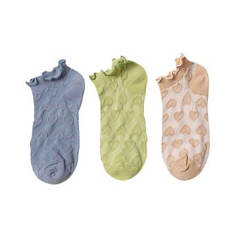 Women's 3-Pack Heart Knit Ankle Socks with Ruffle Trim and Soft Stretchy Fabric