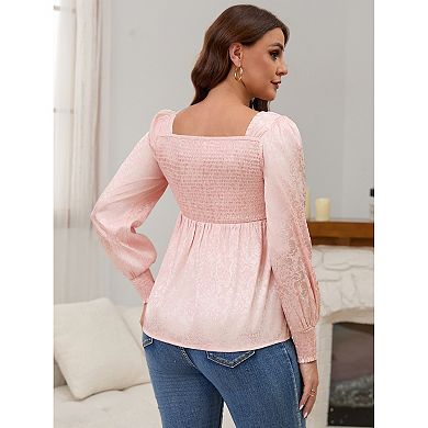 Women's Smocked Maternity Tops Square Neck Long Sleeve Shirts Basic Pregnancy Blouses