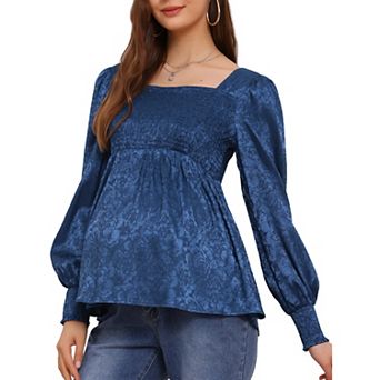 Women's Smocked Maternity Tops Square Neck Long Sleeve Shirts Basic Pregnancy Blouses