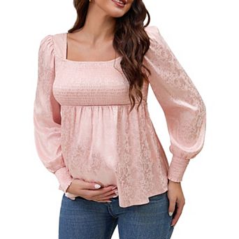 Women's Smocked Maternity Tops Square Neck Long Sleeve Shirts Basic Pregnancy Blouses