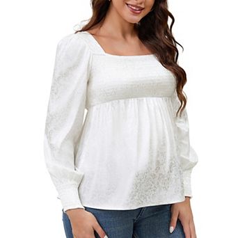 Women's Smocked Maternity Tops Square Neck Long Sleeve Shirts Basic Pregnancy Blouses
