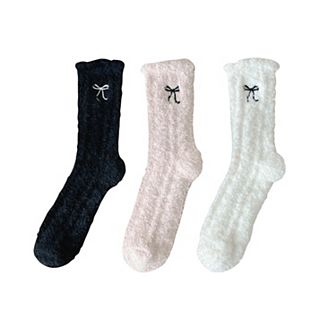 Women's 3-Pack Fuzzy Crew Socks with Embroidered Bow Detail and Soft Plush Texture