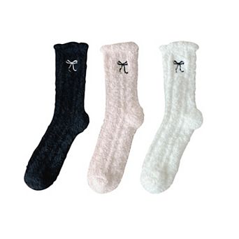 Women's 3-Pack Fuzzy Crew Socks with Embroidered Bow Detail and Soft Plush Texture