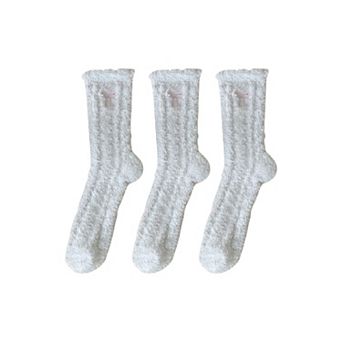 Women's 3-Pack Fuzzy Crew Socks with Embroidered Bow Detail and Soft Plush Texture