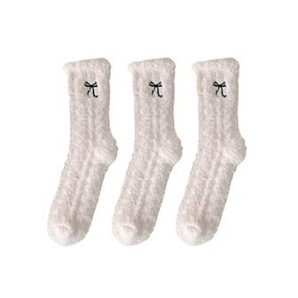 Women's 3-Pack Fuzzy Crew Socks with Embroidered Bow Detail and Soft Plush Texture