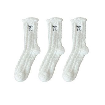 Women's 3-Pack Fuzzy Crew Socks with Embroidered Bow Detail and Soft Plush Texture