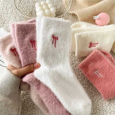 Women's 3-Pack Fuzzy Crew Socks with Embroidered Bow Detail Soft Cozy Lounge Sock Set