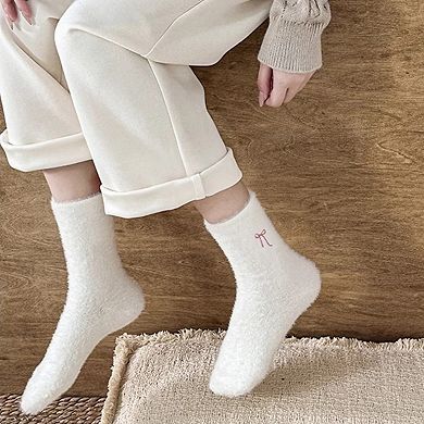 Women's 3-Pack Fuzzy Crew Socks with Embroidered Bow Detail Soft Cozy Lounge Sock Set