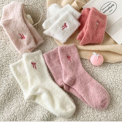 Women's 3-Pack Fuzzy Crew Socks with Embroidered Bow Detail Soft Cozy Lounge Sock Set
