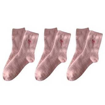 Women's 3-Pack Fuzzy Crew Socks with Embroidered Bow Detail Soft Cozy Lounge Sock Set