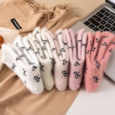 Women's 3-Pack Fuzzy Crew Socks with Allover Bow Pattern Soft Cozy Knit Winter Sock Set
