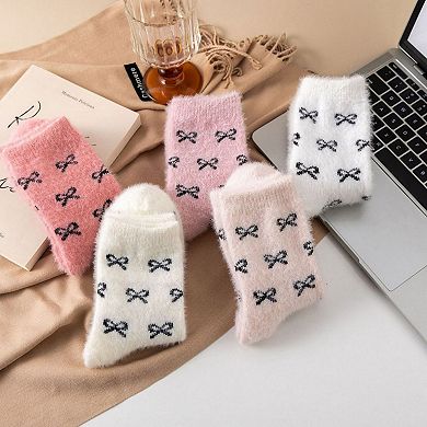 Women's 3-Pack Fuzzy Crew Socks with Allover Bow Pattern Soft Cozy Knit Winter Sock Set
