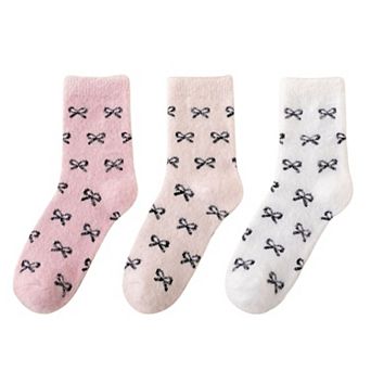 Women's 3-Pack Fuzzy Crew Socks with Allover Bow Pattern Soft Cozy Knit Winter Sock Set